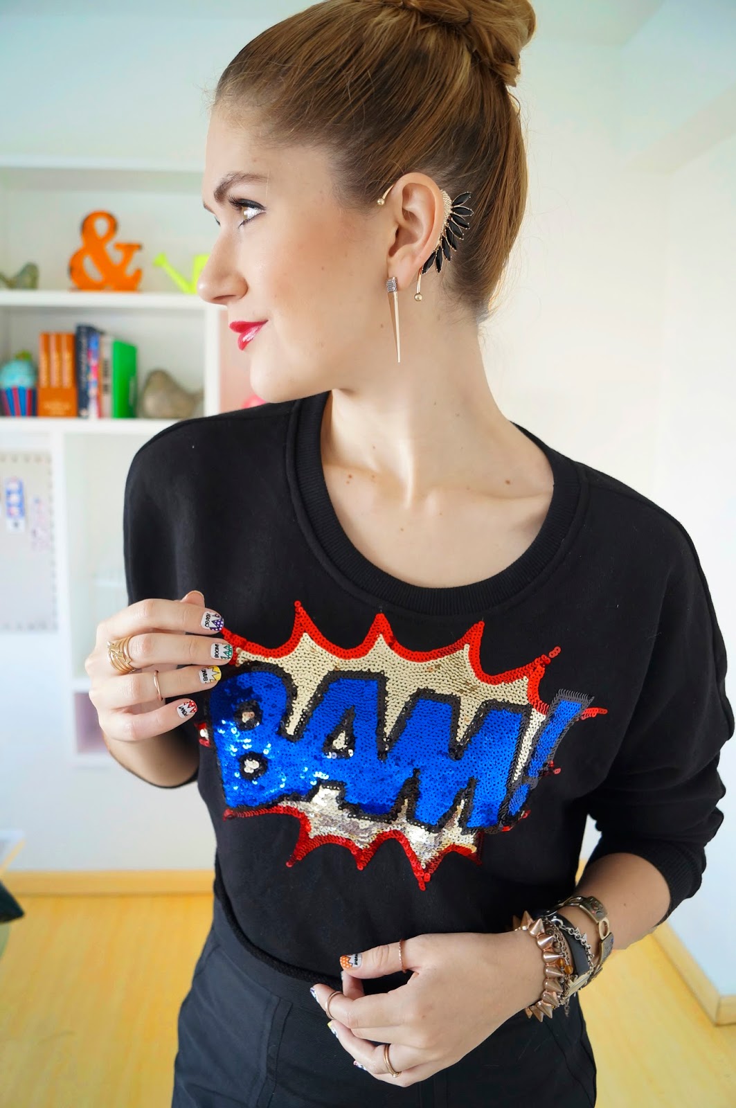 Pop Art Outfit, Pop Art Trend, Summer 2014 Trend, Fashion Blog, Trendy Outfit 2014, Forever 21 Sweater, Ear Cuff Outfit, Bun Hairstyle