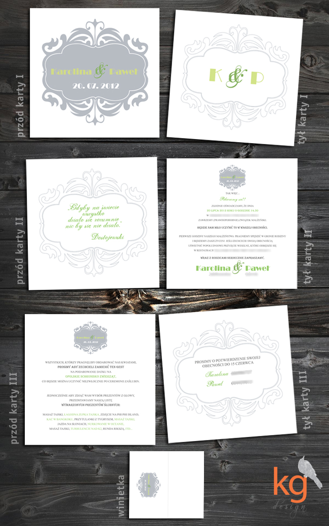 oryginalne, nietypowe zaproszenie ślubne,ornament, pistacjowy, szary, zielony, wstążka, RSVP,dodatki ślubne, zielony, zielone jabłko,