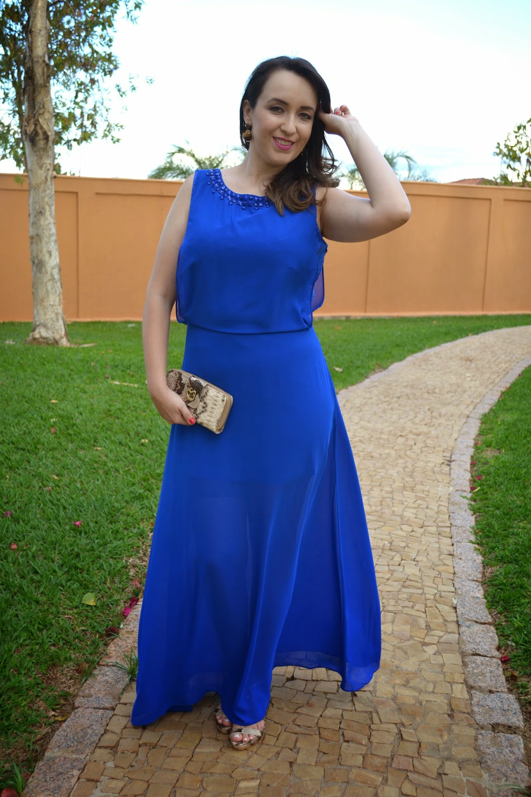 vestido para formatura, vestido longo azul, sandÃ¡lia de tiras ...
