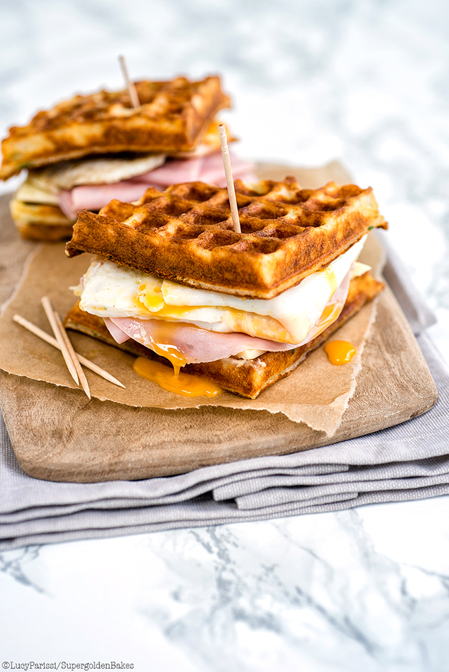 Parmesan waffle, ham, cheese and egg breakfast sandwich supergolden bakes