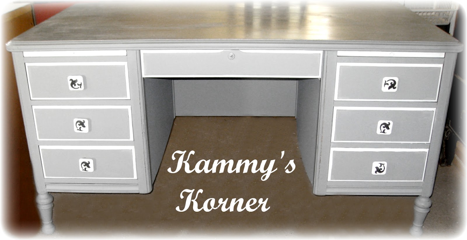 Kammy's Korner Chalk paint desk with stenciled knobs