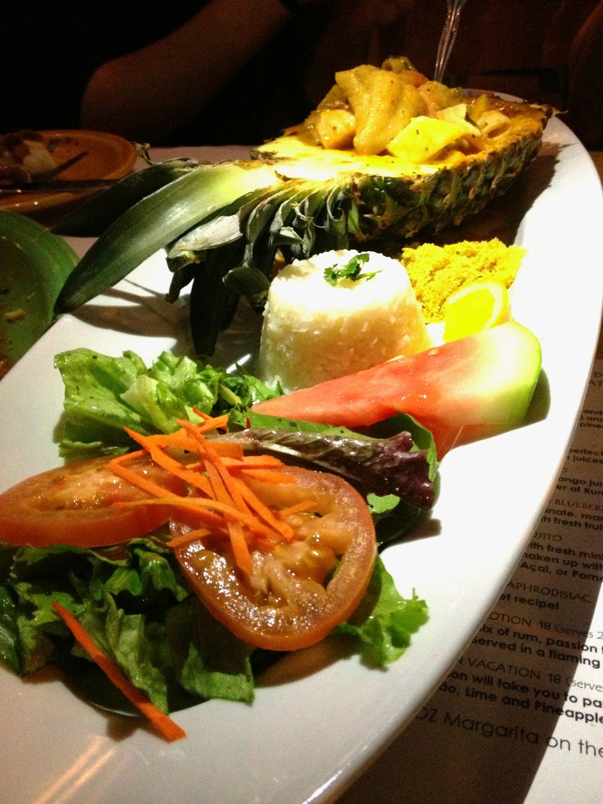 Half-pineapple, stuffed with salmon, red snapper, prawns, and calamari. Half-pineapple, stuffed with salmon, red snapper, prawns, and calamari.