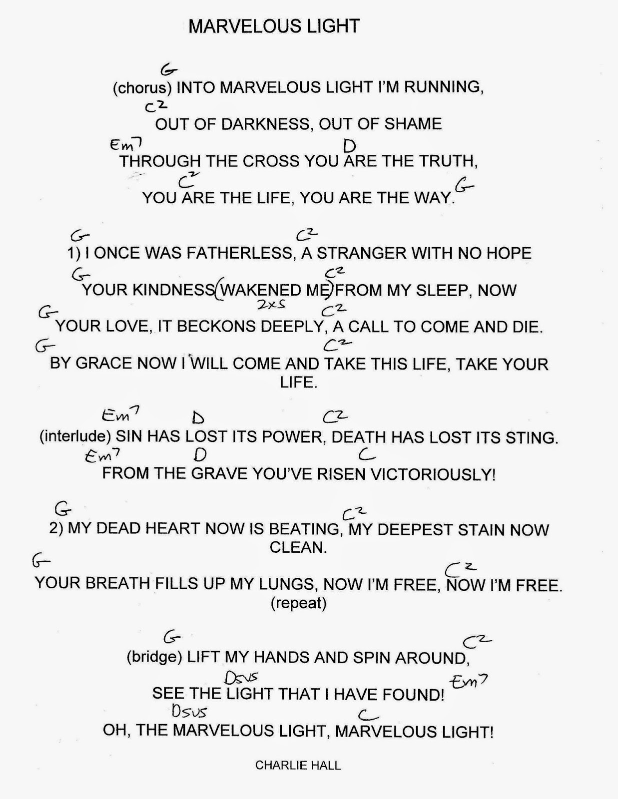 Worship Lead Sheets Marvelous Light Charlie Hall