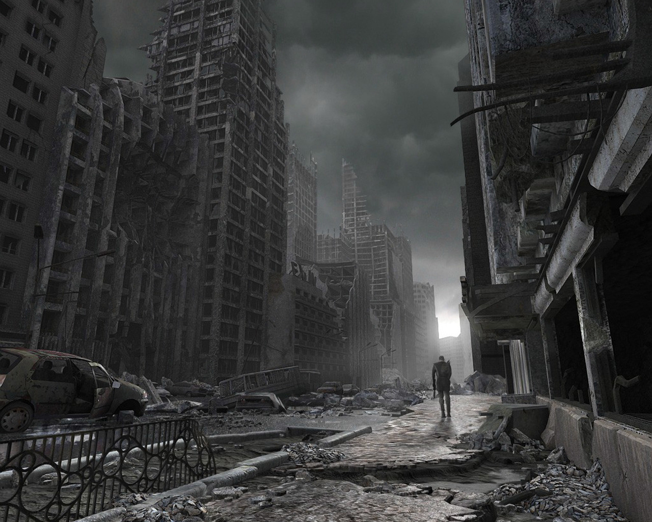 post-apocalyptic dark city ruins wallpaper background desktop theme