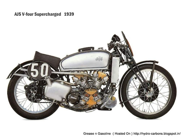 1939 AJS V4 500cc Supercharged ~ Racer The thirties saw the age old dream of multi cylinder engined motorcycles moving within the engineers grasp. Most makers hurled themselves headlong into building the most complex machines ever seen, and the day of the single-cylinder seemed definitely gone. 1939 AJS V4 500cc Supercharged ~ Racer The thirties saw the age old dream of multi cylinder engined motorcycles moving within the engineers grasp. Most makers hurled themselves headlong into building the most complex machines ever seen, and the day of the single-cylinder seemed definitely gone.