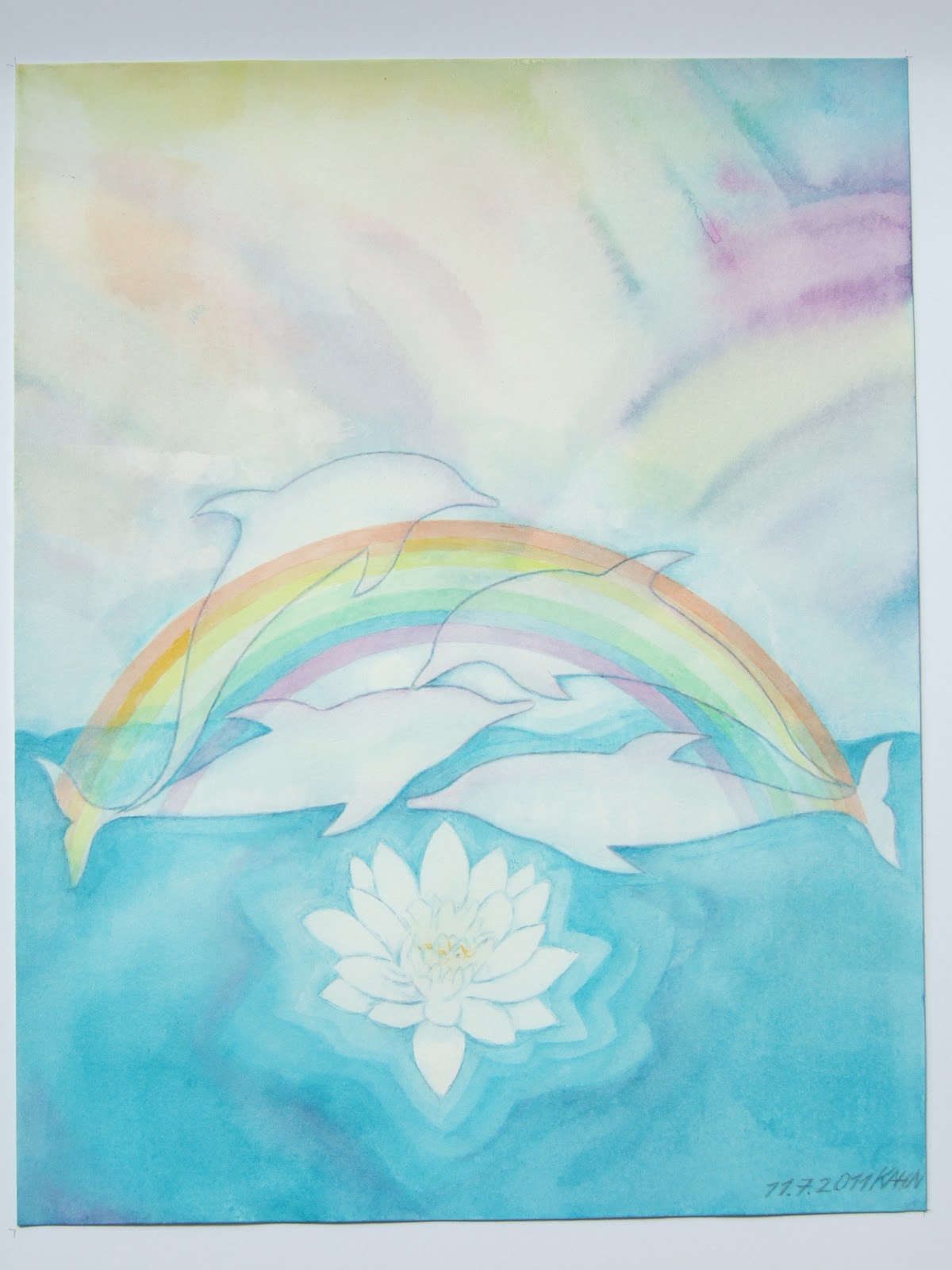 Spirituelle Aquarelle Von Ludwig Kahn Delfine Mit Seerose Und Tanzende Delfine Im Regenbogen