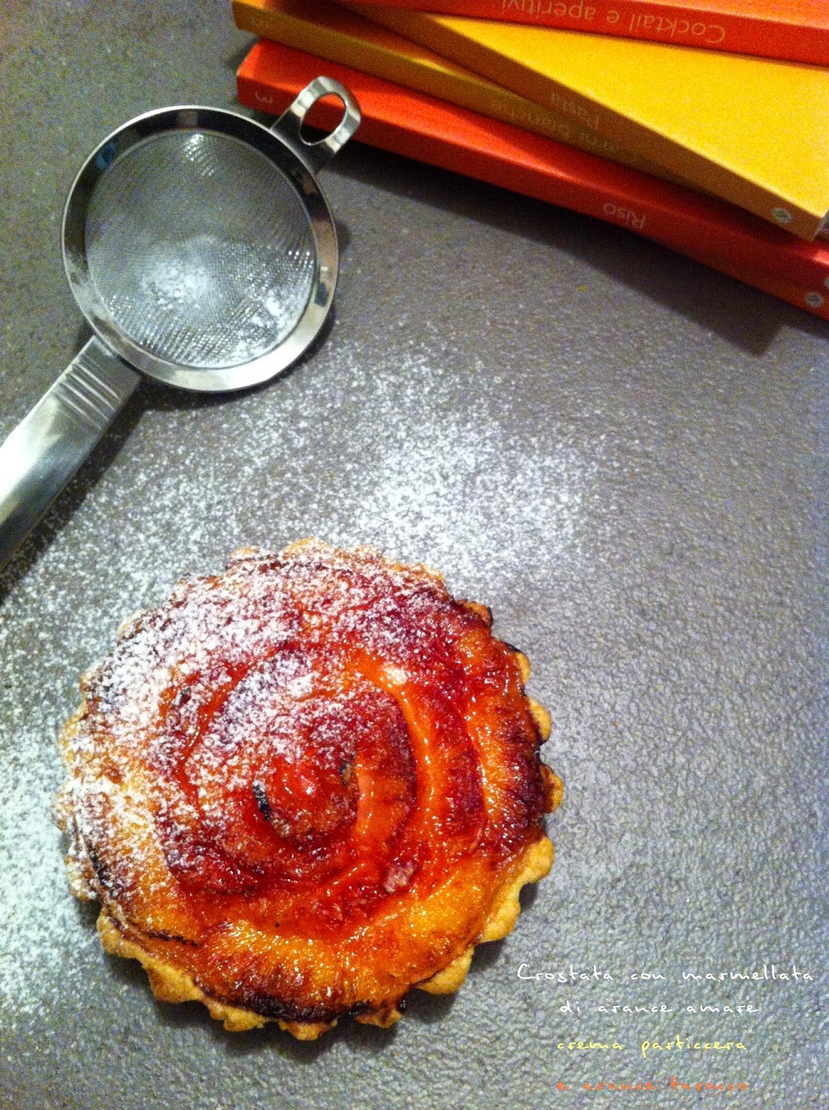 crostata con marmellata di arance amare, crema pasticcera e arance tarocco