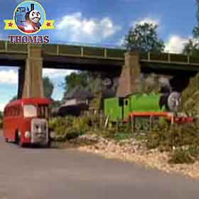 Thomas and friends Henry the green engine Bertie the bus school children standing on the rail-bridge