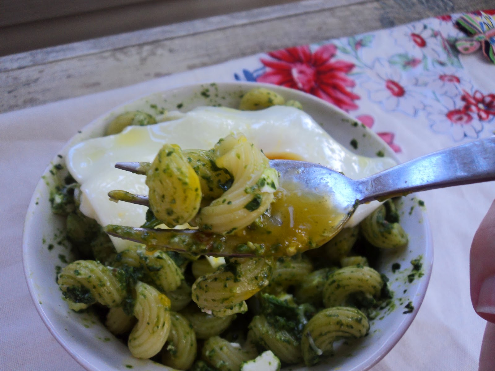 Sweet & Salty Southern Comfort Pesto Pasta with Fried Egg & Goat Cheese