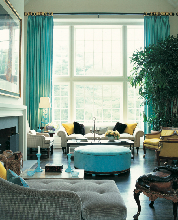Turquoise and Yellow Living Room