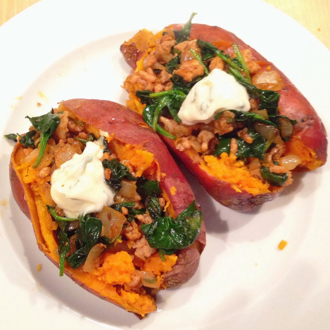 Healthy Living in Heels Baked Sweet Potato with Spinach and Minced Chicken