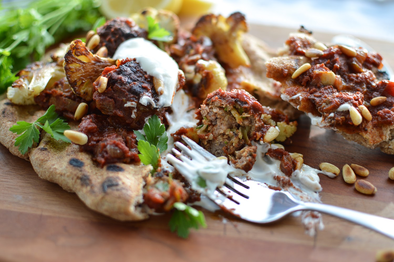 NourishRDs GreekStyle Flatbread Lamb Meatballs in Spicy Tomato Sauce