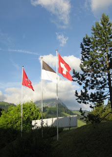 Swiss flag outside the hotel in Gruyères, Switzerland