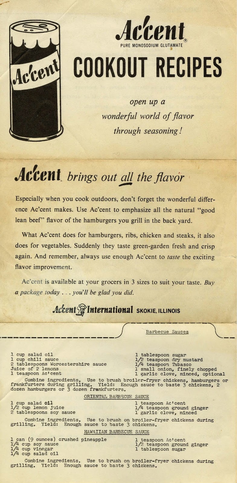 Accent Pure MSG (Vintage Scan Cookout Recipes BBQ Sauces)