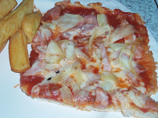home made gammon, onion, cheese pizza