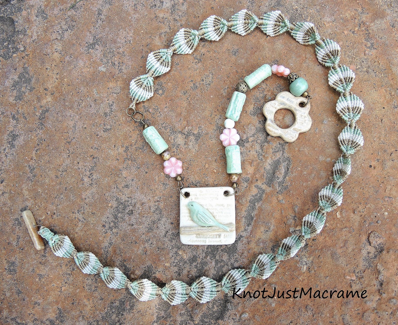 Necklace with micro macrame by Knot Just Macrame with Blu Mudd ceramic components.