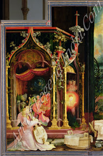 This panel and The Virgin and Child (opposite) form a pair when the altar is first opened. The Virgin thus appears twice, looking out from the bizarre chapel towards herself and her son. Grunewald's extraordinarily vivid imagination comes out in the vegetable-like forms of the architecture and the characterization of the rejoicing angels as well as in the brilliant lighting effects. This panel and The Virgin and Child (opposite) form a pair when the altar is first opened. The Virgin thus appears twice, looking out from the bizarre chapel towards herself and her son. Grunewald's extraordinarily vivid imagination comes out in the vegetable-like forms of the architecture and the characterization of the rejoicing angels as well as in the brilliant lighting effects.