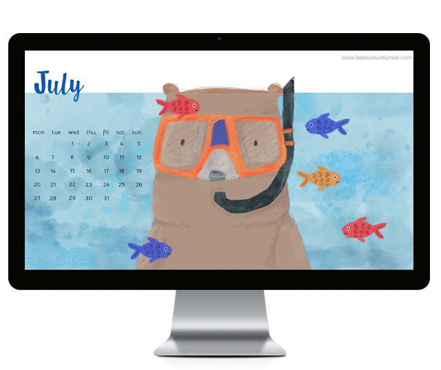 July 2015 free to download illustrated desktop wallpaper with a snorkeling bear under the sea looking at colorful fishes