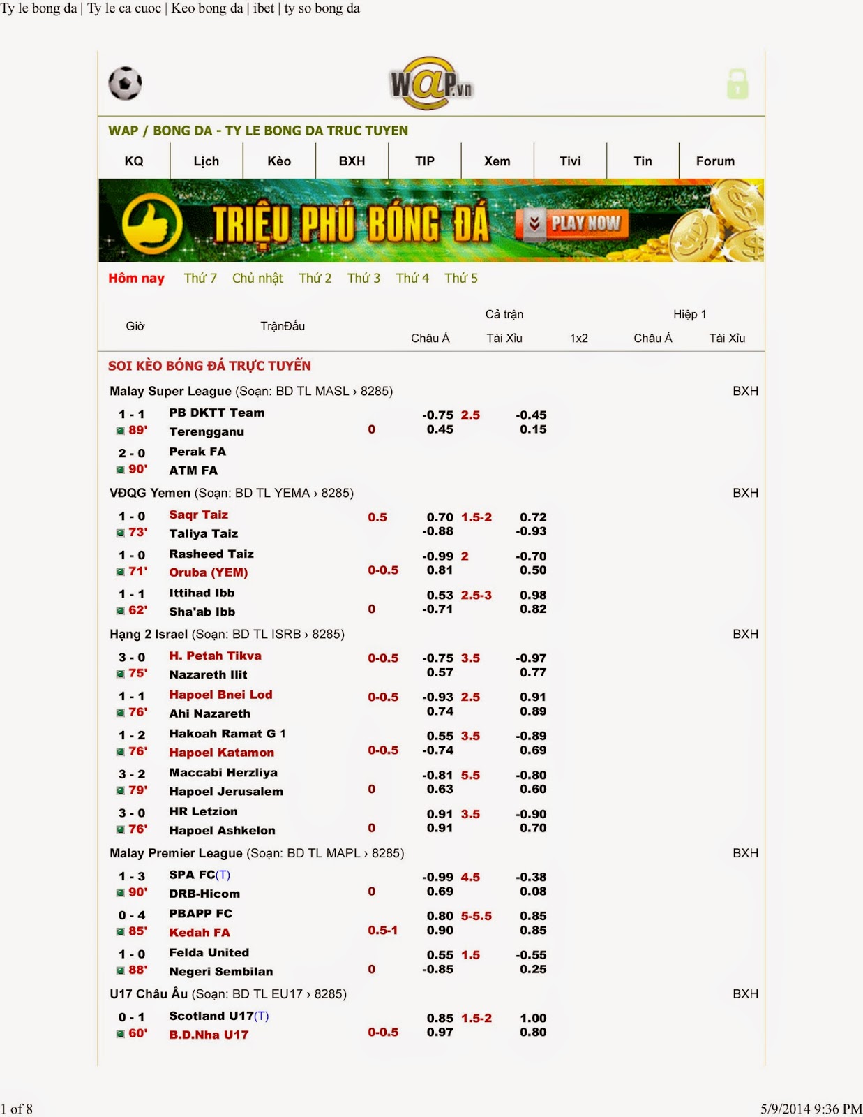 Ty le bong da, Tỷ lệ bóng đá đêm nay, Tỷ lệ cá cược bóng đá hôm nay