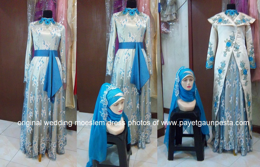 Baju Pengantin Muslim Biru Emas Two In One Style dengan Obi