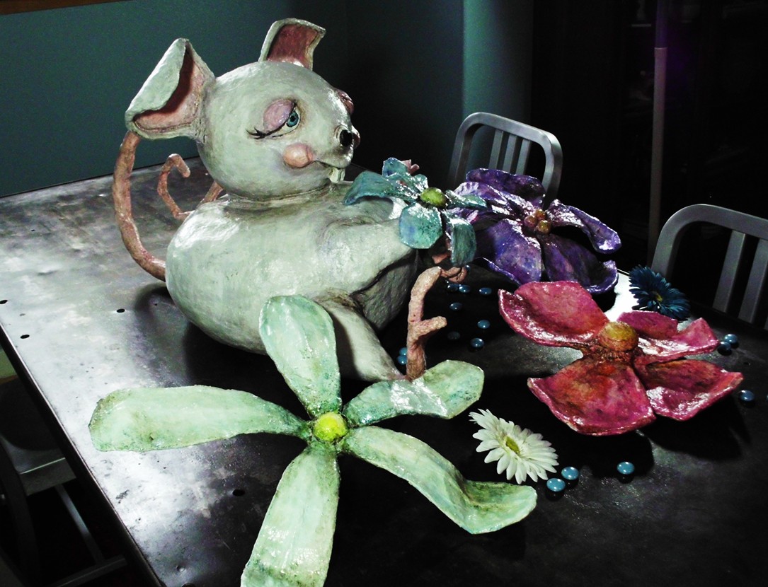RaraAvis Ramblings Paper Mache Glittery Spring Rat and Flowers Light