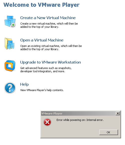VMware Player Error while powering on Internal error. SURPOINT