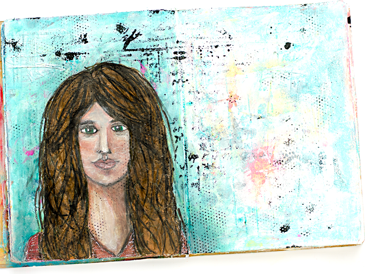 first try at drawing a face, easy with a stencil template - mixed media art journaling