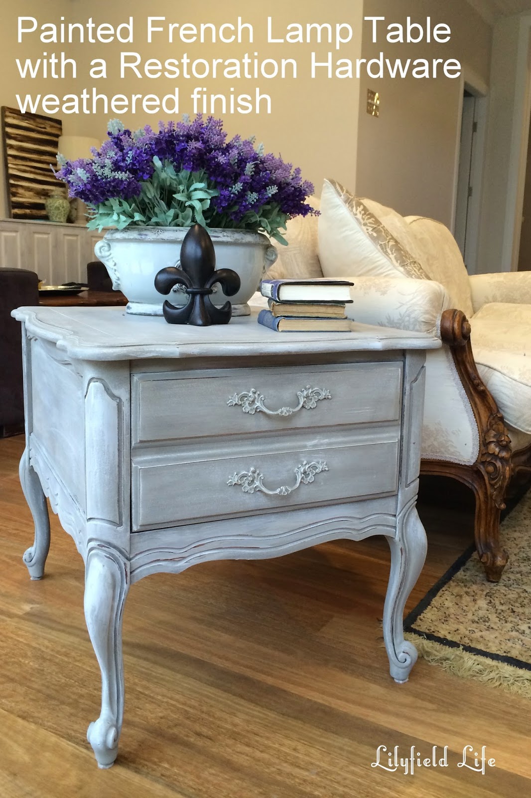 Restoration hardware weathered finish on a french style lamp table by Lilyfield life