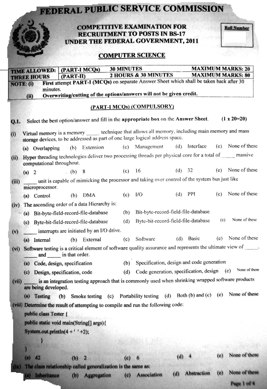 CSS PAST PAPER OF COMPUTER SCIENCE 2011