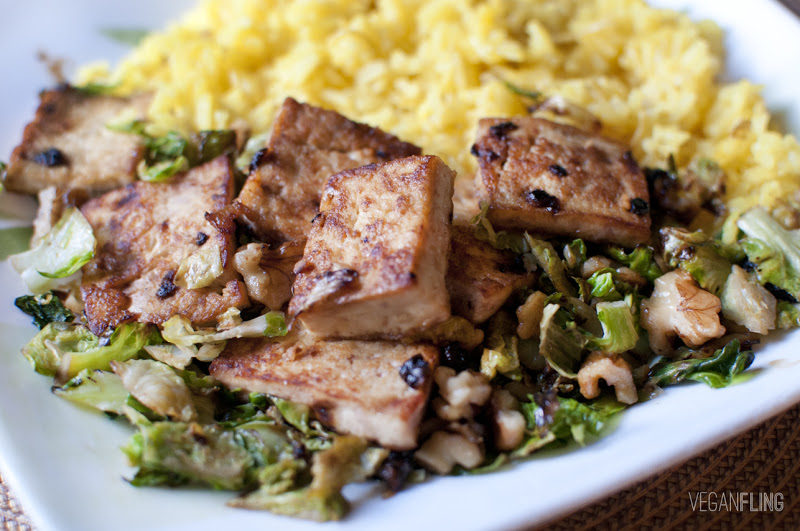 VeganFling Caramelized Tofu with Brussels Spouts and Saffron Rice