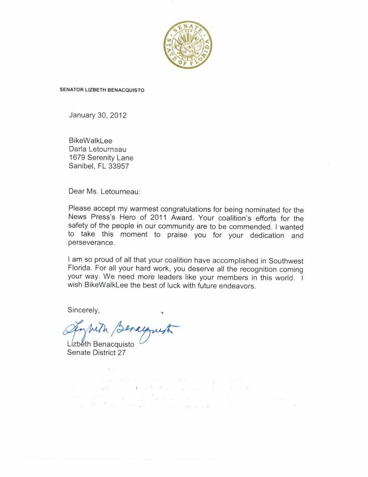 bikewalklee blog bikewalklee receives congratulations letter from dear darla letter