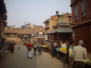 Red brickstone buildings and a common road in Patan city of Kathmandu.