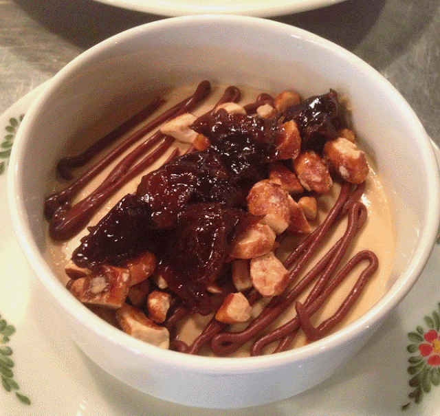 Zabaglione Mousse with Poached Plums and Candied Almonds at Osteria Morini Zabaglione Mousse with Poached Plums and Candied Almonds at Osteria Morini