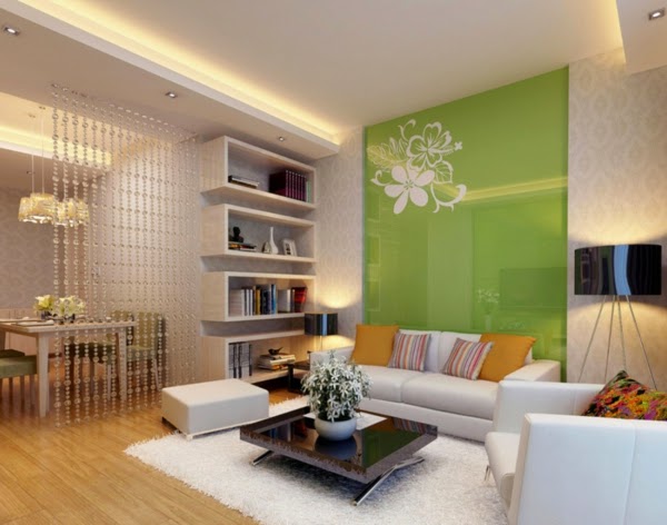 bright living room color schemes, white design and green wall