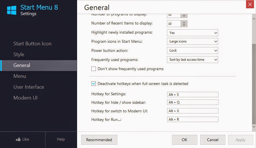 Shortcuts ที่มีในโปรแกรมเปลี่ยน Start Menu บน Windows 8.1