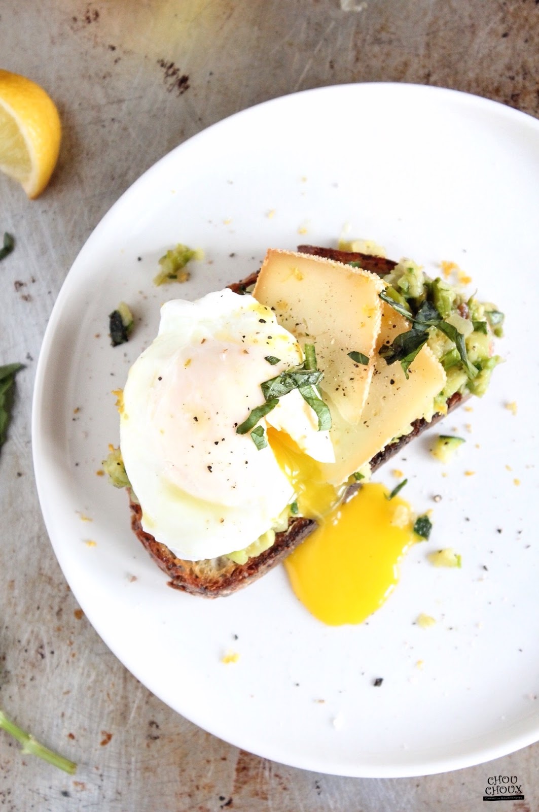 My Chouchoux Asparagus & Zucchini Tartine with Poached Egg, Cheese