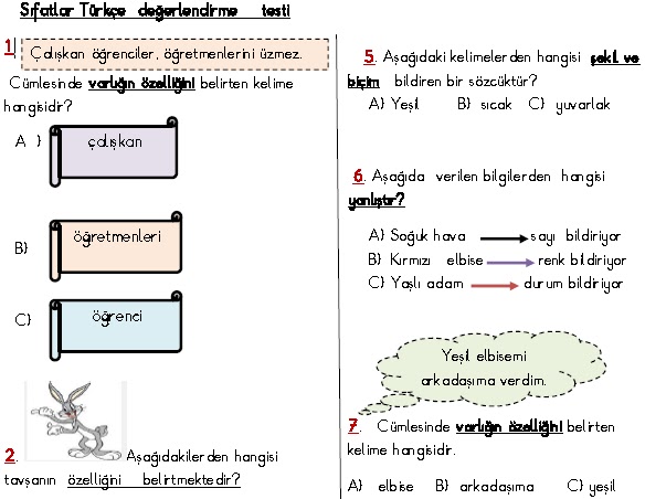 2. Sinif Türkçe Sifatlar Değerlendirme Testi Soruları - Ders ve Çalışma