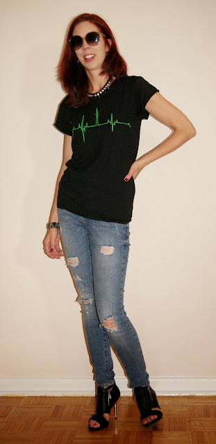 HeartBeats T.O. T-shirt, Noisy May Distressed Jeans from Hudson's Bay, Forever 21 Booties, Shop For Jayu Necklace and Bracelet, fashion, mystyle, styletips, shopping, myheartbeats, heart, tee, Toronto, love, ontario, canada, outfit, OOTD, EKG, the purple scarf, melanieps, who wears jayu best, style
