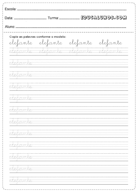 Atividades de caligrafia com a letra E de elefante