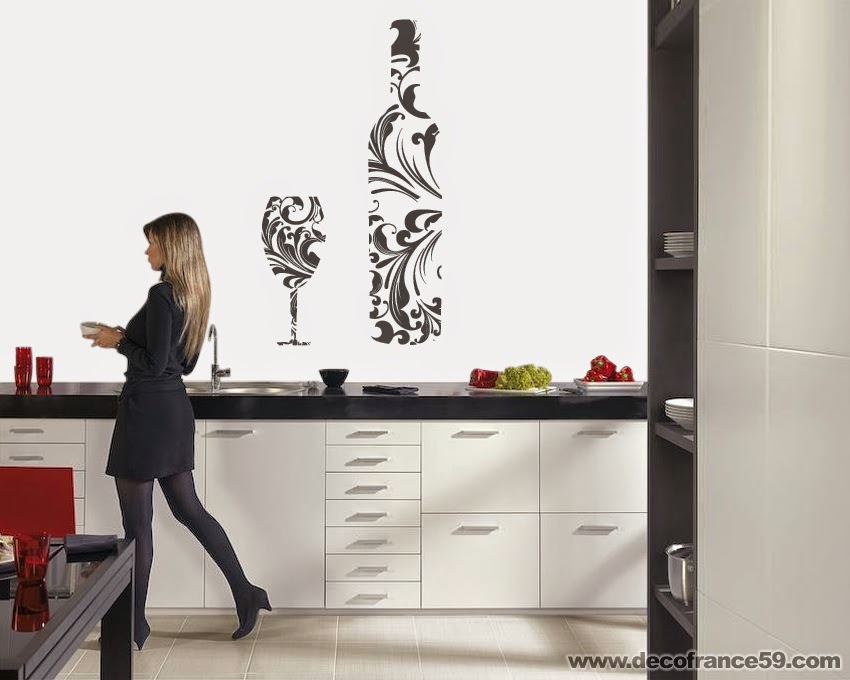 Sticker mural décoratif pour cuisine - sticker bouteilles et verre de vin design floral