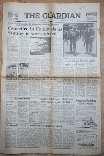 The Guardian Newspaper headlines from the Falklands War: 15 June 1982- Ceasefire in Falklands as Stanley Surrended