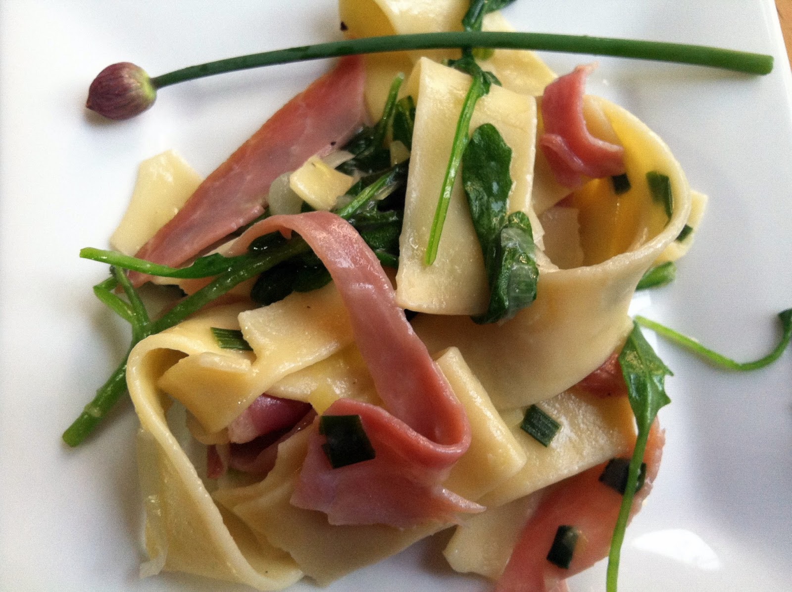 A Couple in the Kitchen Egg Pappardelle with Arugula, Leeks and Prosciutto