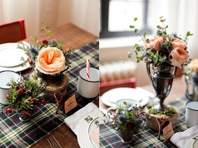 blue tartan table runner peach flowers silver