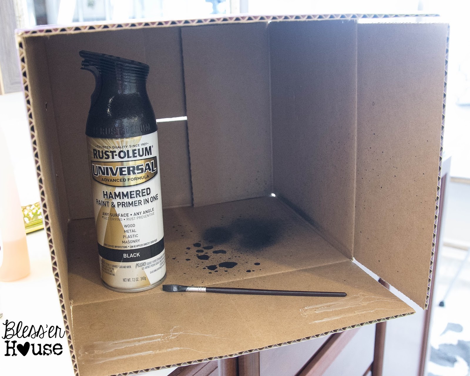 How Not To Paint A Shower Door And Fix Spray Mistakes So I Grabbed A Deep Cardboard Box My Spray Paint And An Artist Brush To Little On The At Time Touch Up Led Spots