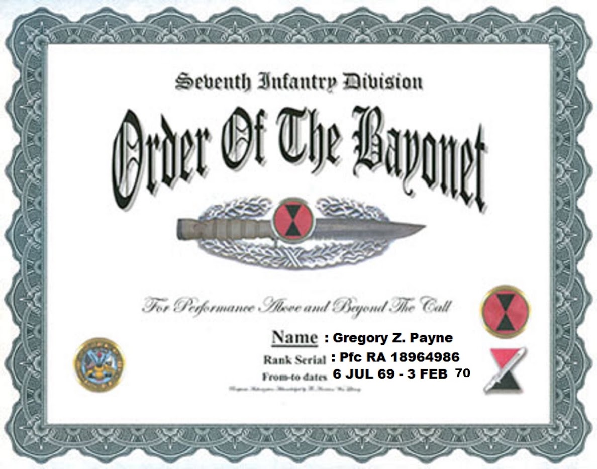 7th INFANTRY DIVISION (LIGHT) - ORDER OF THE BAYONET AWARD CERTIFICATE