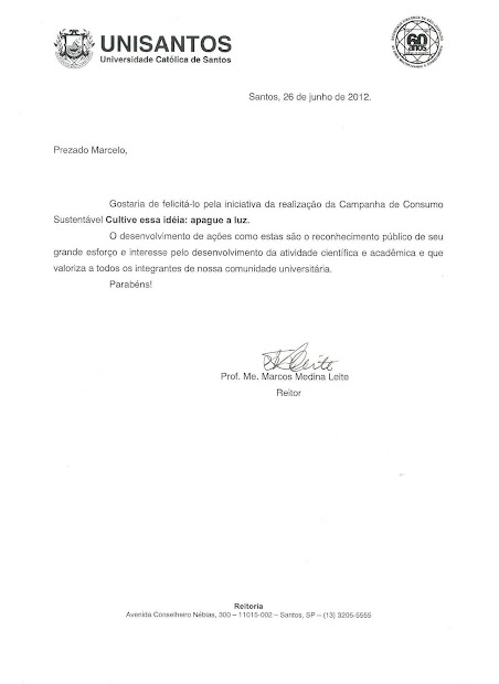 CARTA DE RECONHECIMENTO ENCAMINHADA PELO REITOR DA UNISANTOS PARA MARCELO GIL / 2012