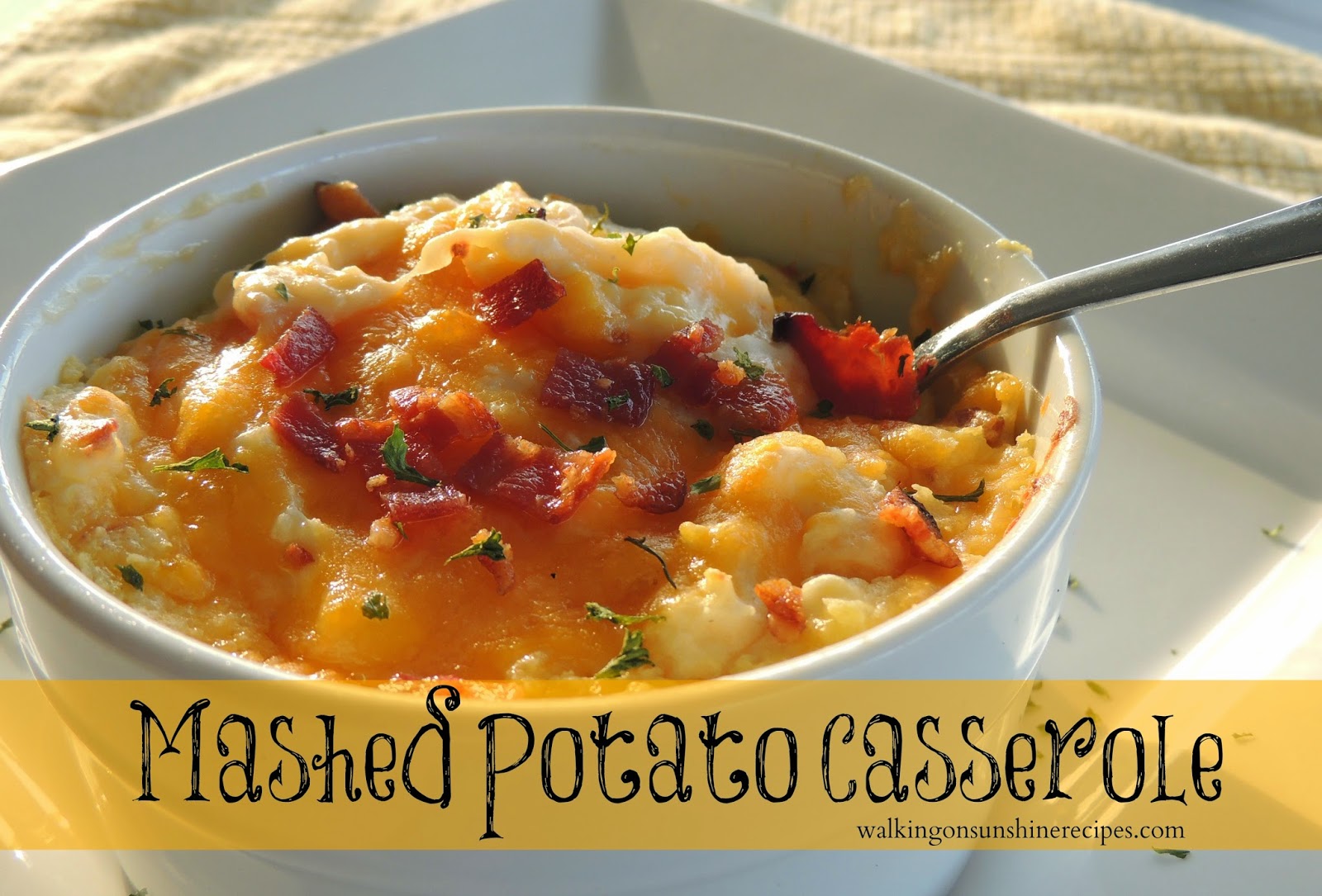 This mashed potato casserole is the only way my teenage son will eat mashed potatoes.  Come see the easy recipe on Walking on Sunshine Recipes! 