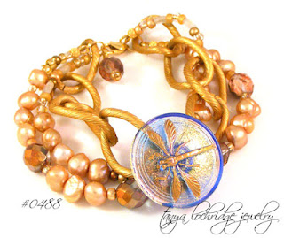 Vintage Czech Glass Dragonfly Button & Freshwater Pearl Bracelet