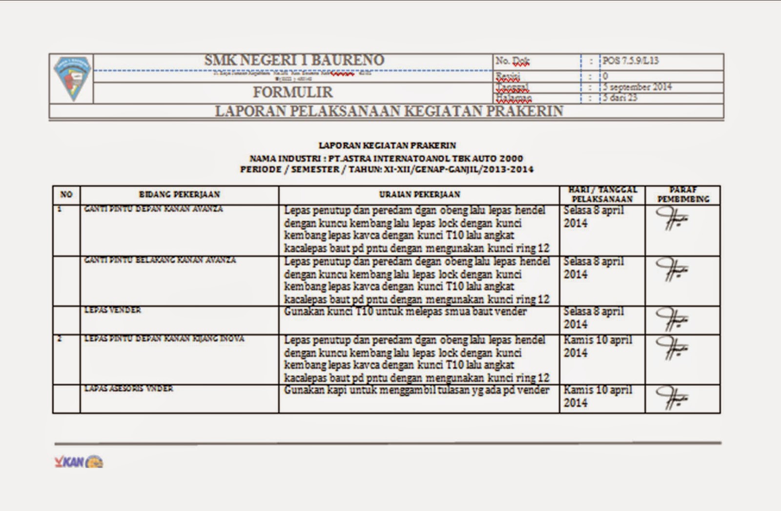 PUSAT BELAJAR CONTOH LAPORAN PRAKERIN TKR
