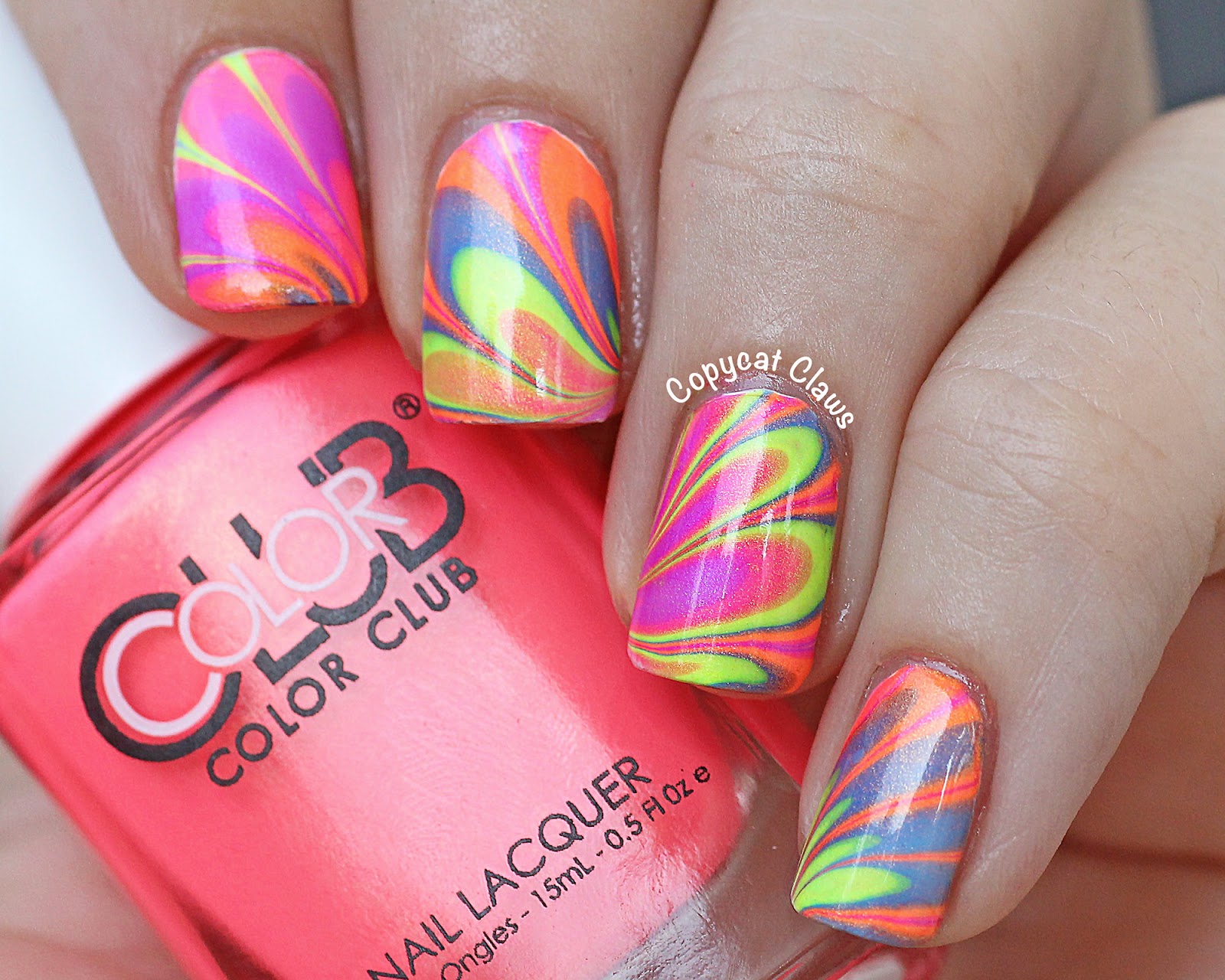 Copycat Claws: Color Club Poptastic Neon Water Marble Nail Art